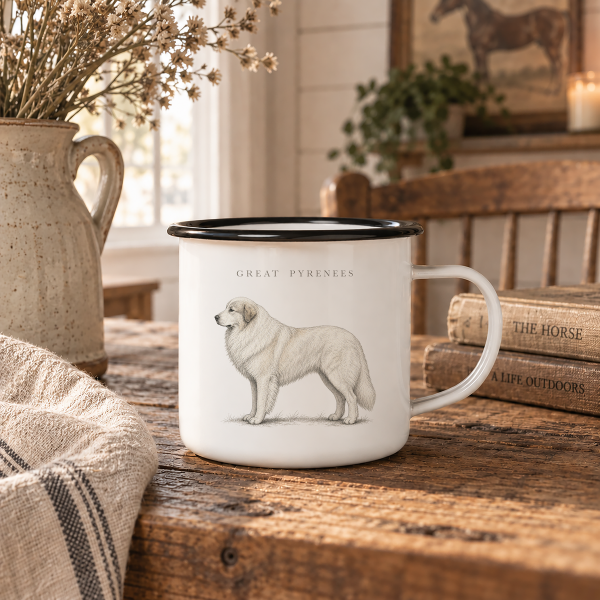 Great Pyrenees enamel coffee mug with a full-body Great Pyrenees dog and breed name, traditional dog breed design with rustic country, farmhouse, farm dog and livestock guardian style.