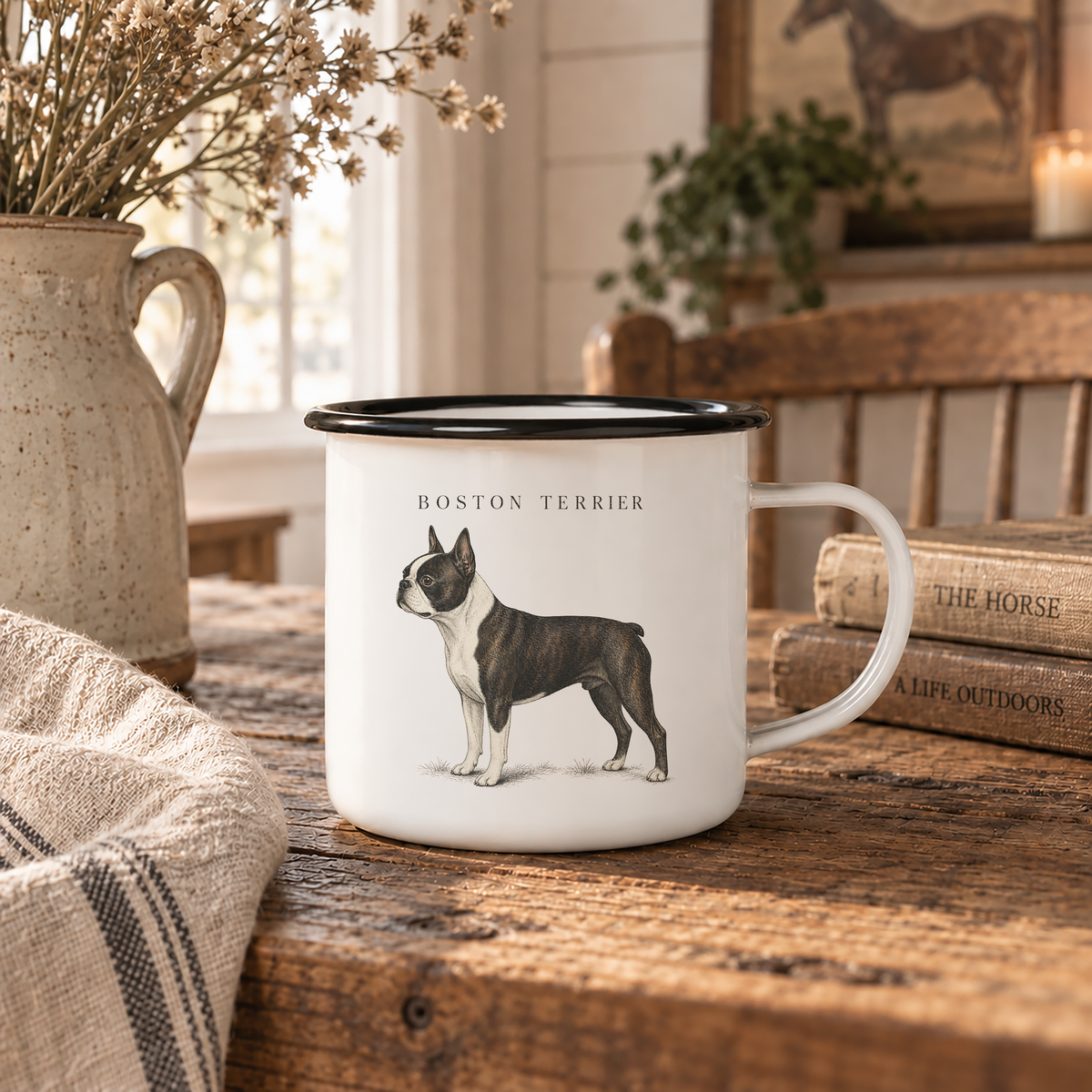 Boston Terrier enamel coffee mug with a full-body Boston Terrier dog and breed name, rustic dog mug for Boston Terrier owners, dog lovers, terrier lovers, country homes and dog-themed gifts.