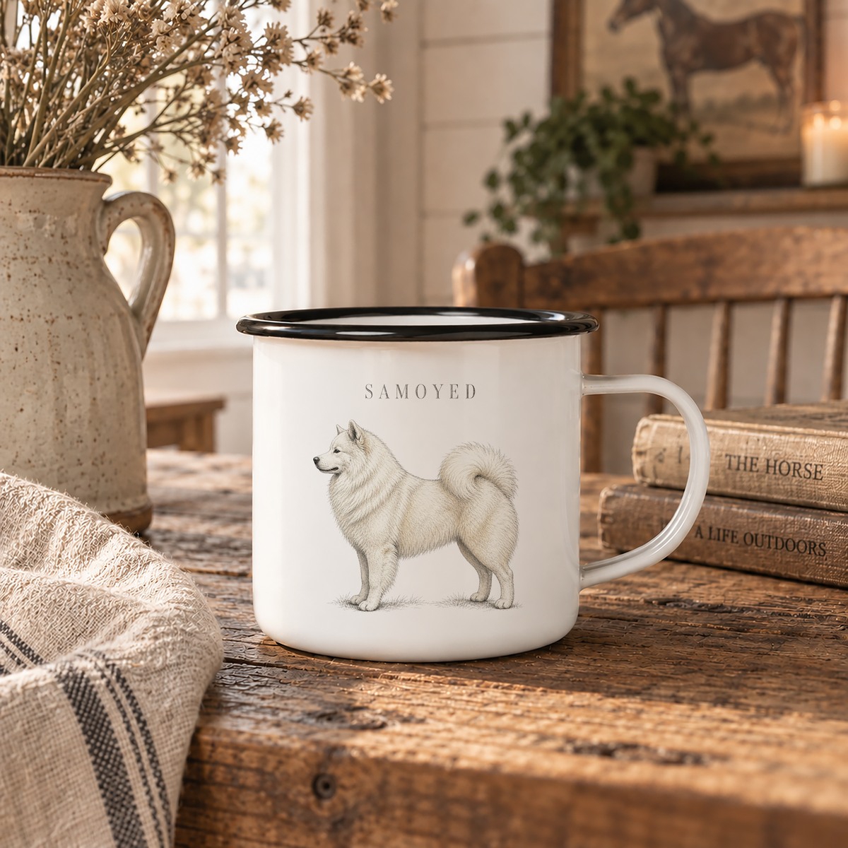 Samoyed Enamel Mug, Rustic Dog Coffee Cup, Northern Dog Breed