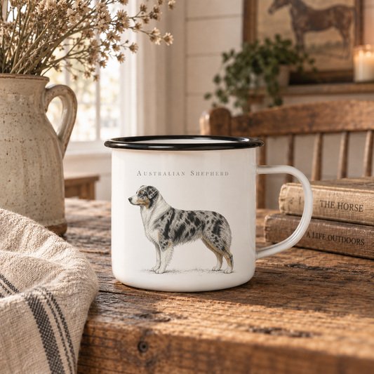 Australian Shepherd Enamel Mug, Rustic Aussie Dog Coffee Cup, Country Dog Lover Gift