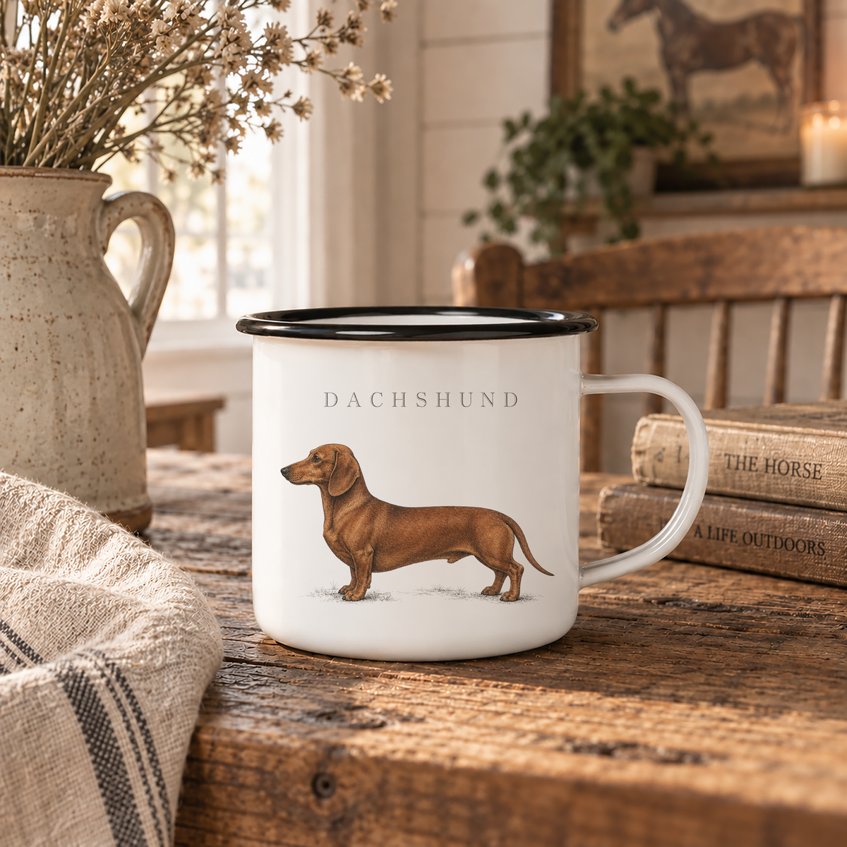 Dachshund enamel coffee mug with a full-body brown Dachshund and breed name, traditional sausage dog breed design for Dachshund owners with rustic country, cottage and farmhouse style.