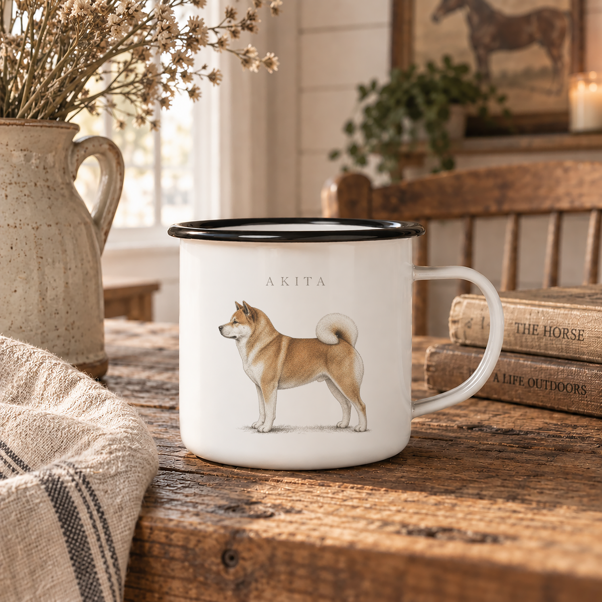 Akita enamel coffee mug with a full-body Japanese Akita dog and breed name, traditional dog breed design for Akita owners with rustic country, cottage and farmhouse style.