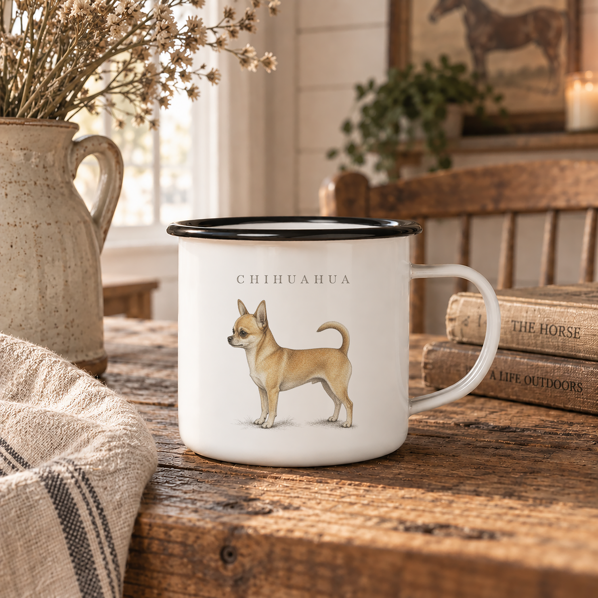 Chihuahua enamel coffee mug with a full-body Chihuahua and breed name, traditional small dog breed design for Chihuahua owners with rustic country, cottage and farmhouse style.
