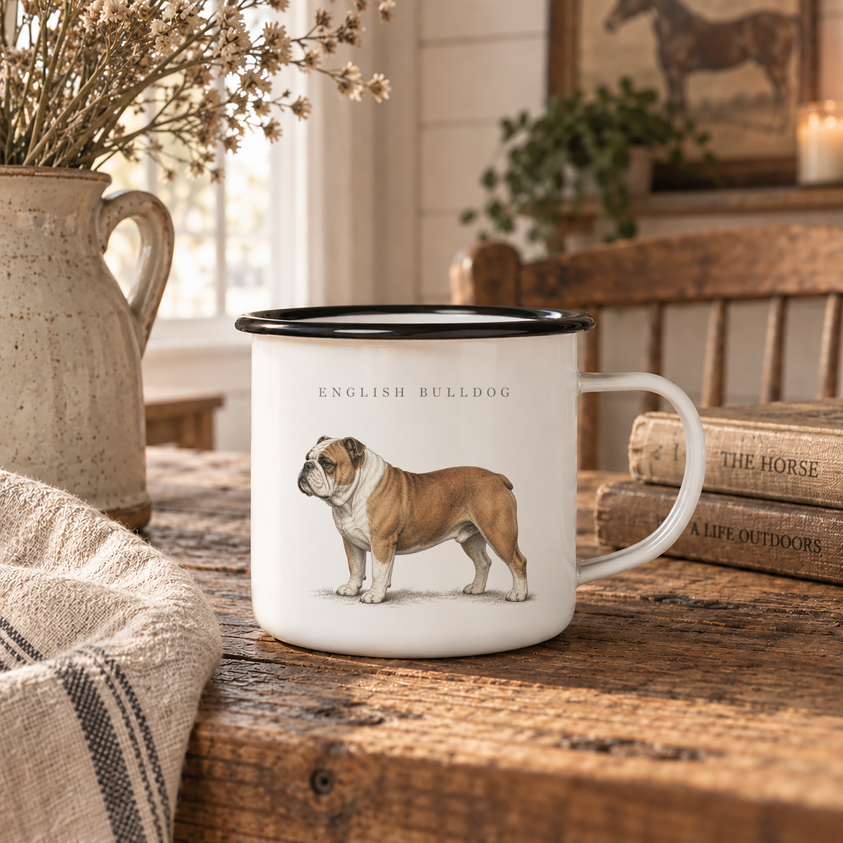 English Bulldog enamel coffee mug with a full-body brown and white Bulldog and breed name, traditional dog breed design for Bulldog owners with rustic country, cottage and farmhouse style.