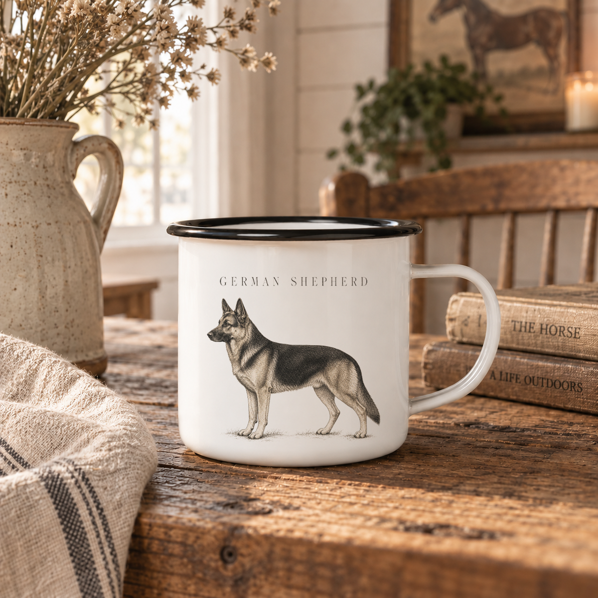 German Shepherd Enamel Mug, Rustic Dog Coffee Cup, Country Dog Lover Gift