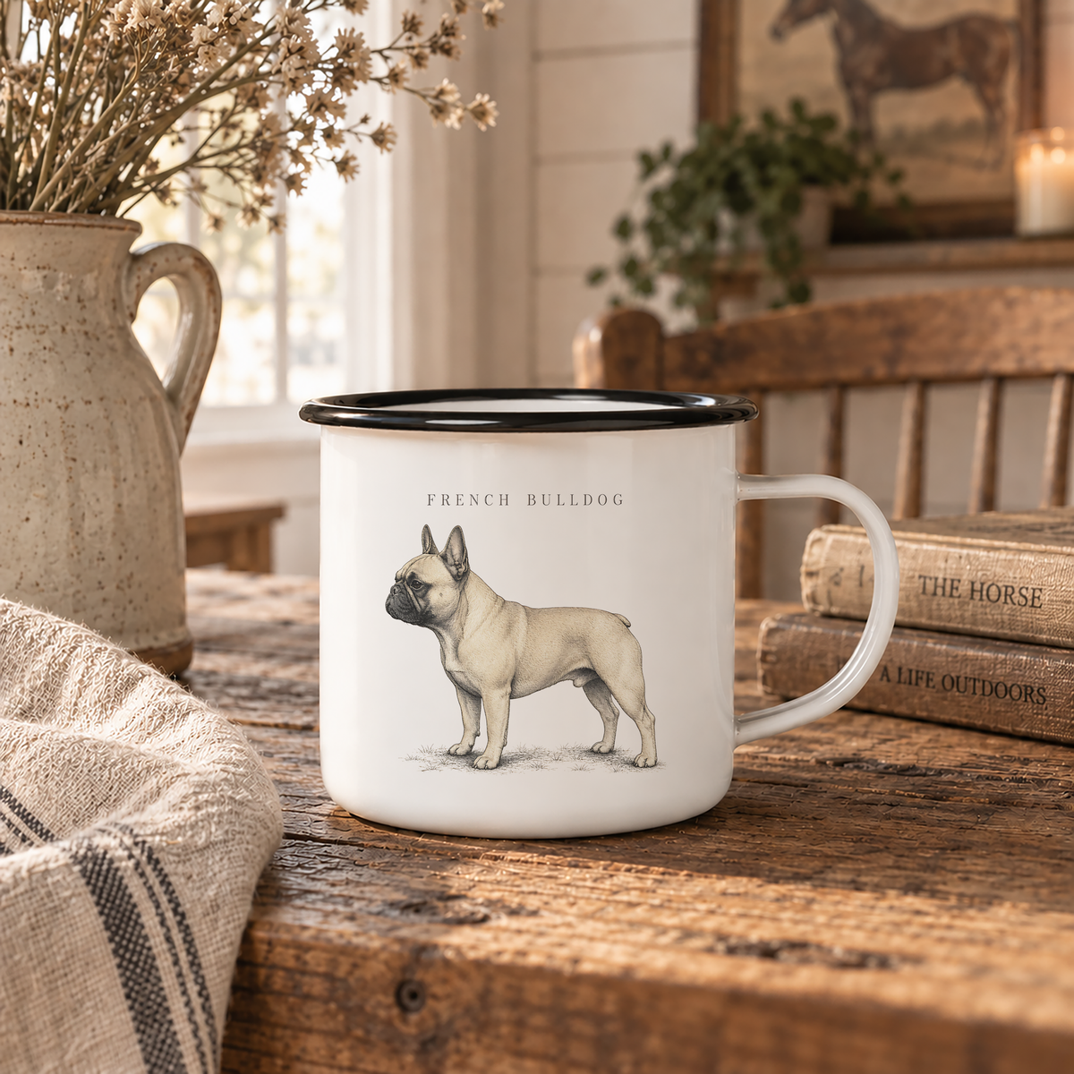 French Bulldog enamel coffee mug with a full-body Frenchie and breed name, traditional dog breed design for French Bulldog owners with rustic country, cottage and farmhouse style.