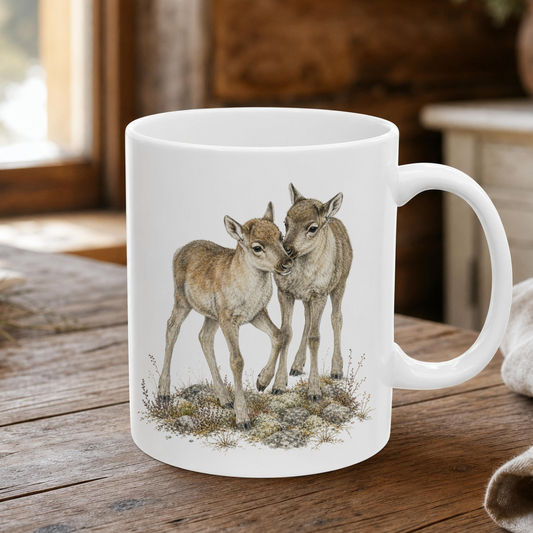 White ceramic coffee mug with two young reindeer calves standing together among rocks and low tundra plants, vintage Nordic wildlife design with soft earthy tones, Scandinavian nature and rustic mountain cabin style.