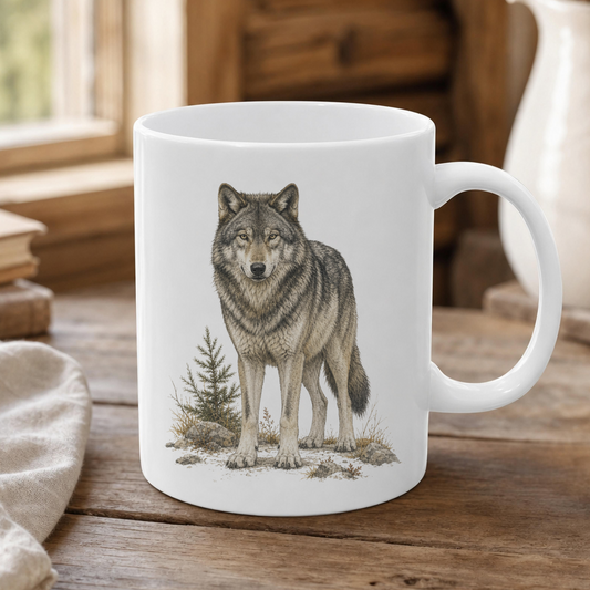 White ceramic coffee mug with a detailed gray wolf standing beside small evergreen trees, rocks and woodland plants, vintage wildlife design with rustic forest, mountain cabin and northern wilderness style.