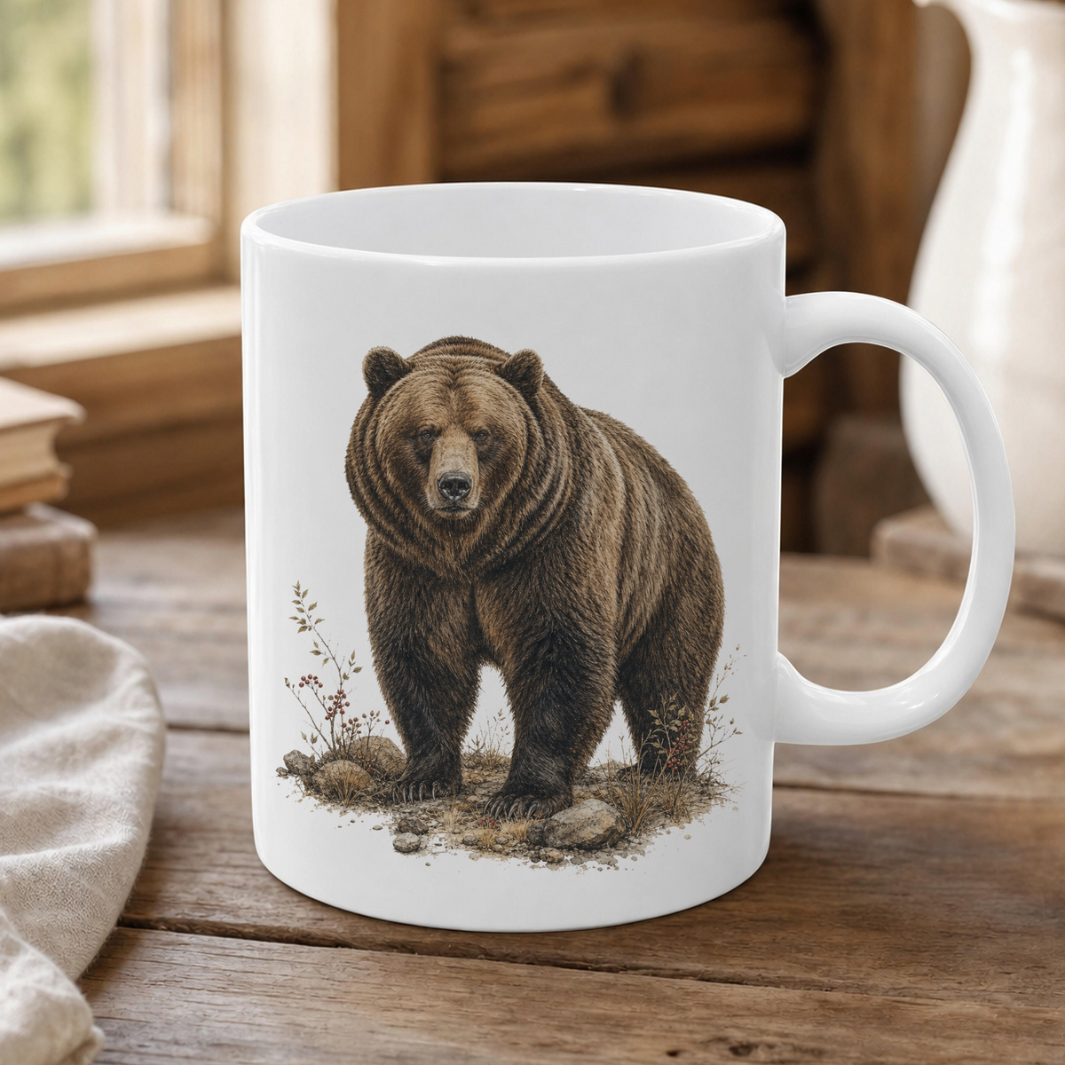 Rustic ceramic coffee mug with a detailed brown bear portrait surrounded by grasses and small woodland plants in warm brown and neutral tones, creating a vintage wildlife look inspired by mountain cabins and wilderness decor.