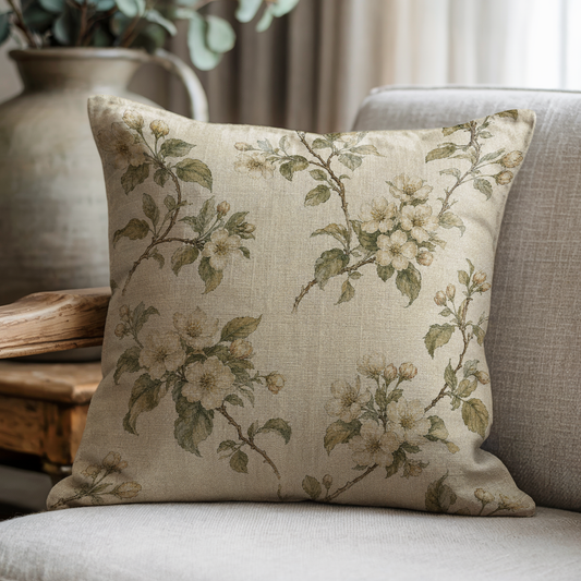Vintage floral woven pillow with delicate white blossoms, leafy branches and muted green botanical details, styled with rustic English country, cottagecore and farmhouse home decor.