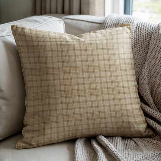 Neutral plaid woven pillow with a fine beige, tan and brown check pattern, soft woven texture and classic English country, rustic farmhouse and cottage home style.