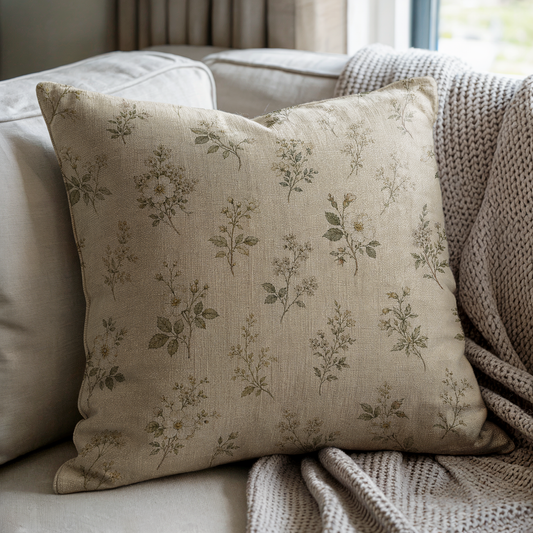 Vintage wildflower woven pillow with scattered delicate flowers, leafy stems and small botanical sprigs, rustic English country, cottagecore and farmhouse home decor.
