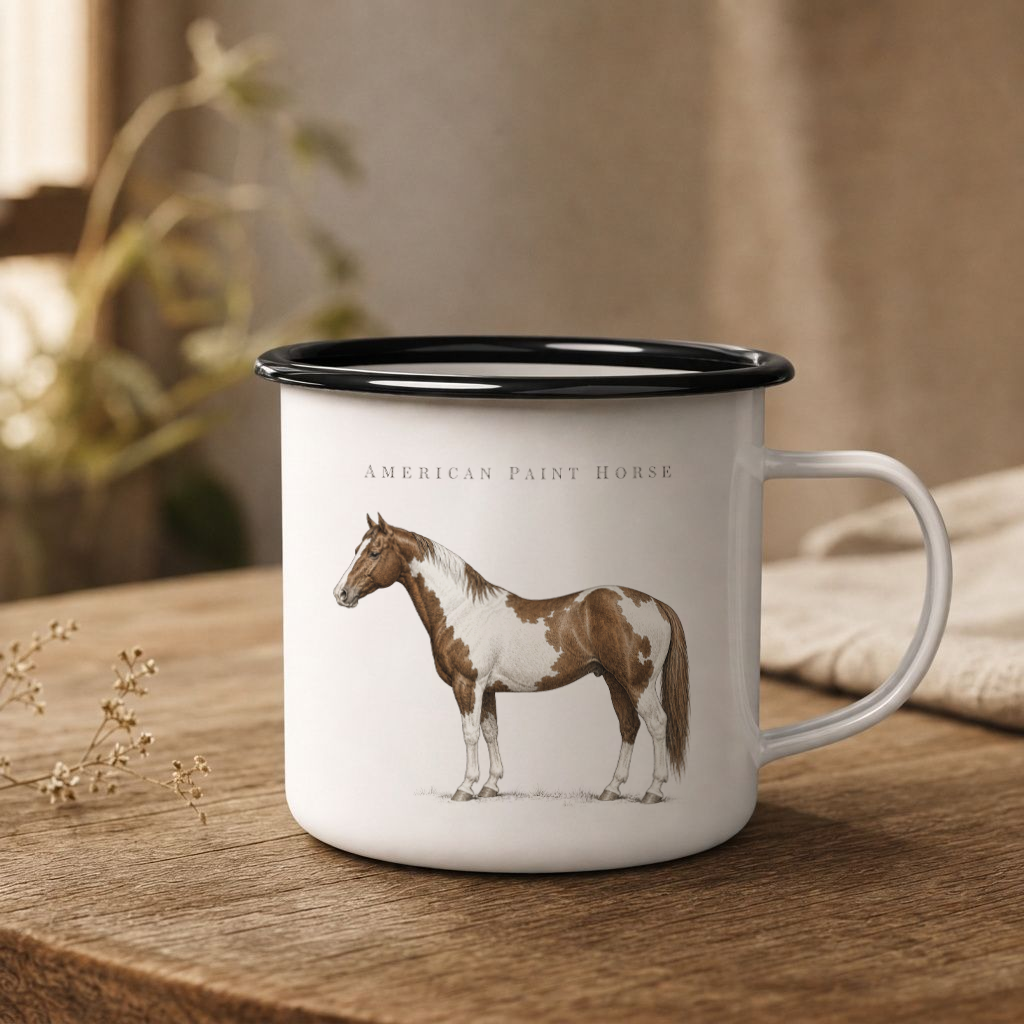 American Paint Horse Enamel Mug, Western Coffee Cup, Rustic Country Equestrian Gift
