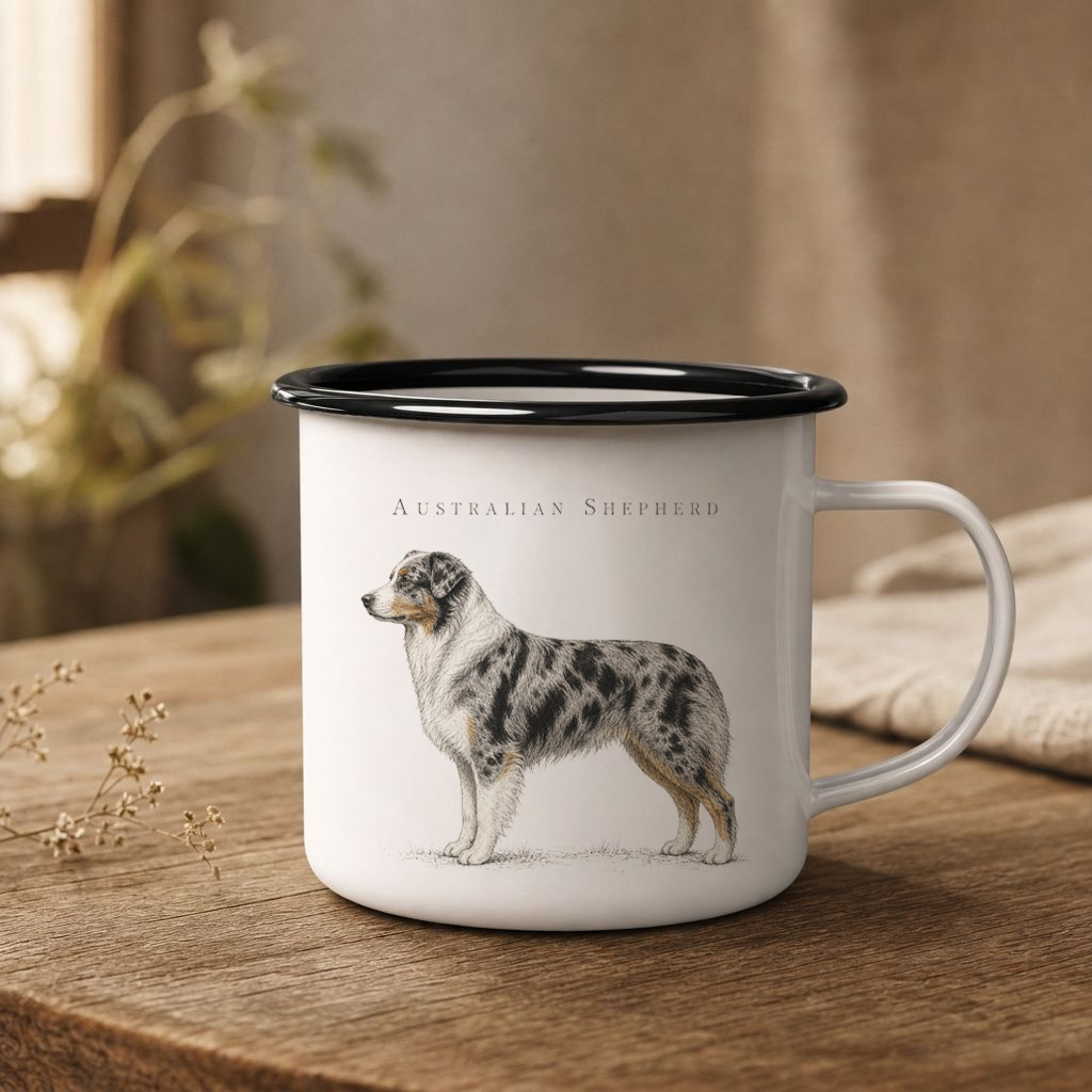 Australian Shepherd Enamel Mug, Rustic Aussie Dog Coffee Cup, Country Dog Lover Gift