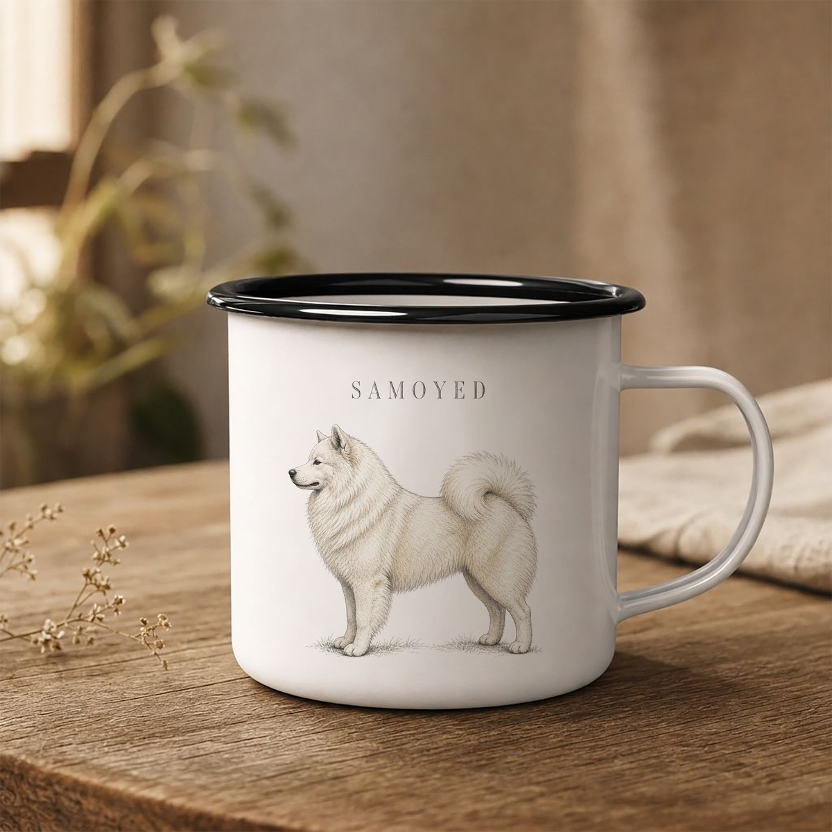 Samoyed Enamel Mug, Rustic Dog Coffee Cup, Northern Dog Breed