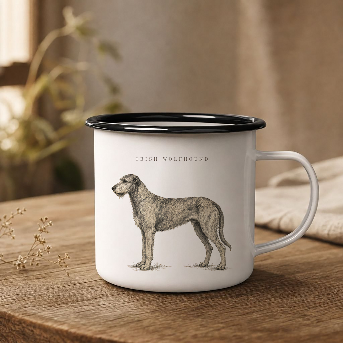 Irish Wolfhound enamel coffee mug with a full-body gray Irish Wolfhound and breed name, traditional sighthound design for Wolfhound owners with rustic country, cottage and farmhouse style.