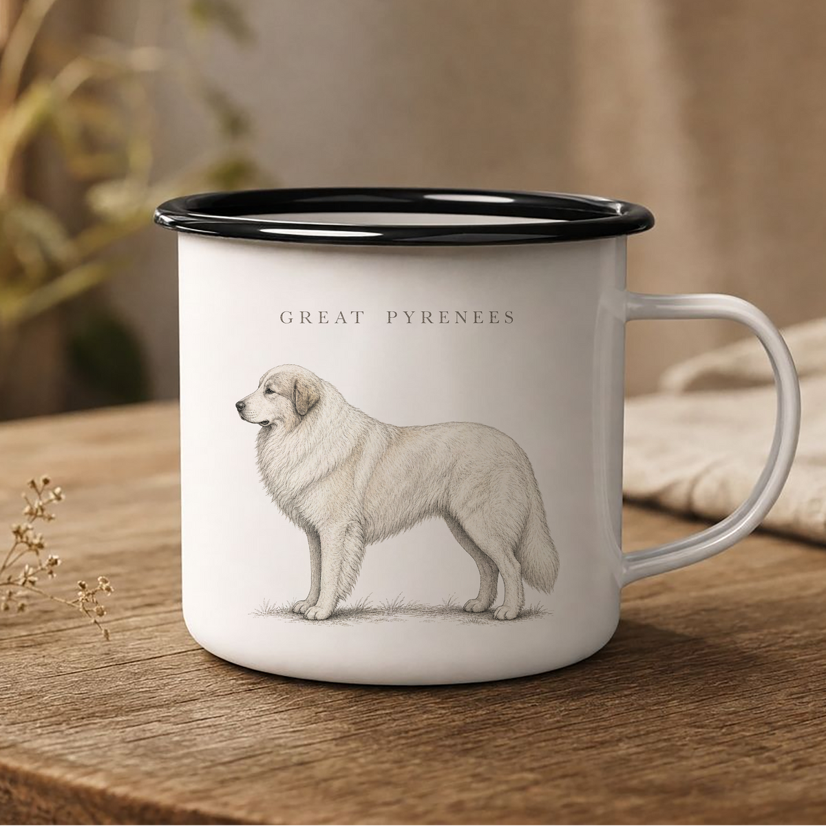 Great Pyrenees enamel coffee mug with a full-body Great Pyrenees dog and breed name, traditional dog breed design with rustic country, farmhouse, farm dog and livestock guardian style.