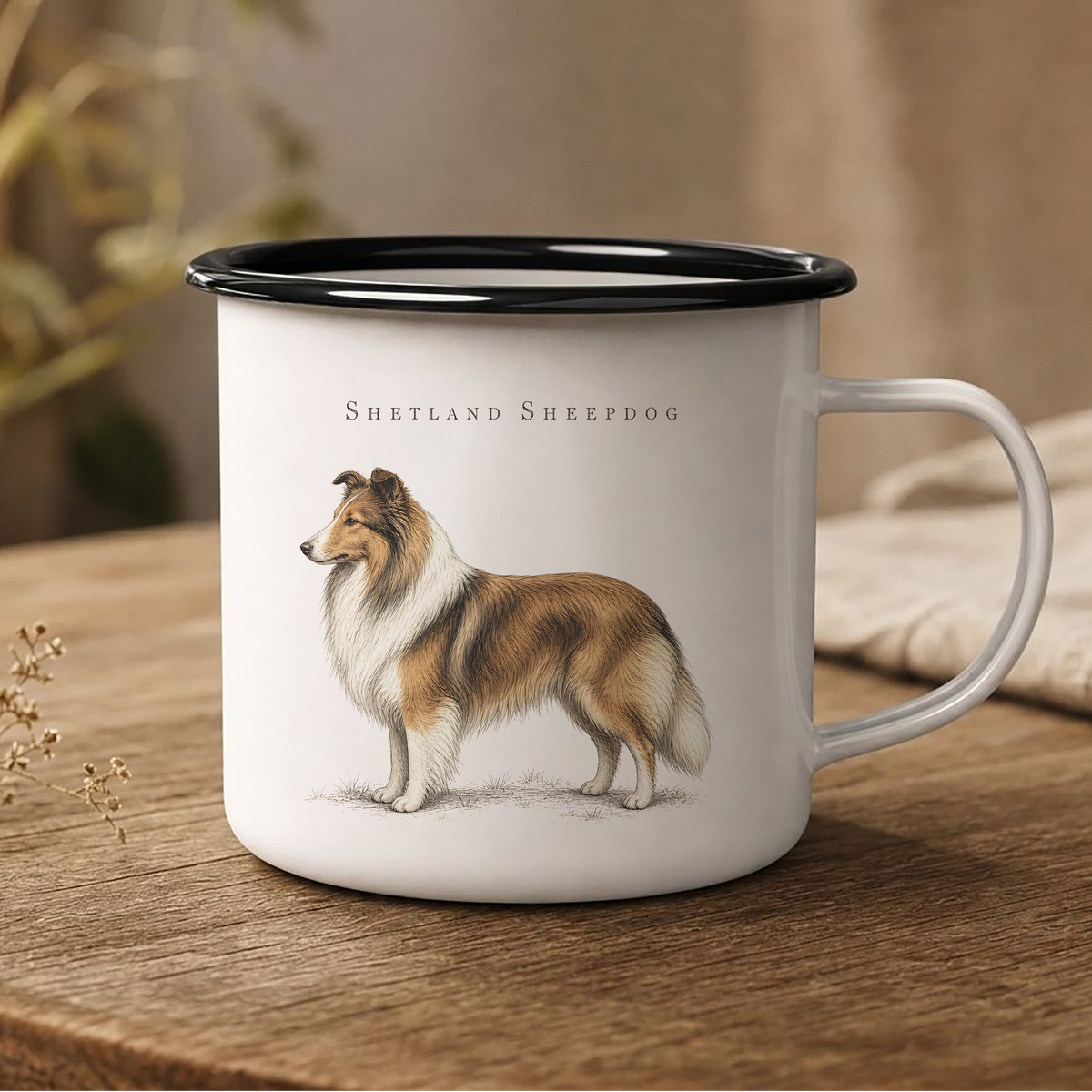 Shetland Sheepdog enamel coffee mug with a full-body Sheltie breed illustration and breed name, rustic country dog mug for Sheltie owners, herding dog enthusiasts, farmhouse and cottage homes.
