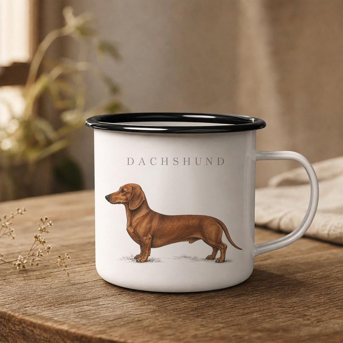 Dachshund enamel coffee mug with a full-body brown Dachshund and breed name, traditional sausage dog breed design for Dachshund owners with rustic country, cottage and farmhouse style.