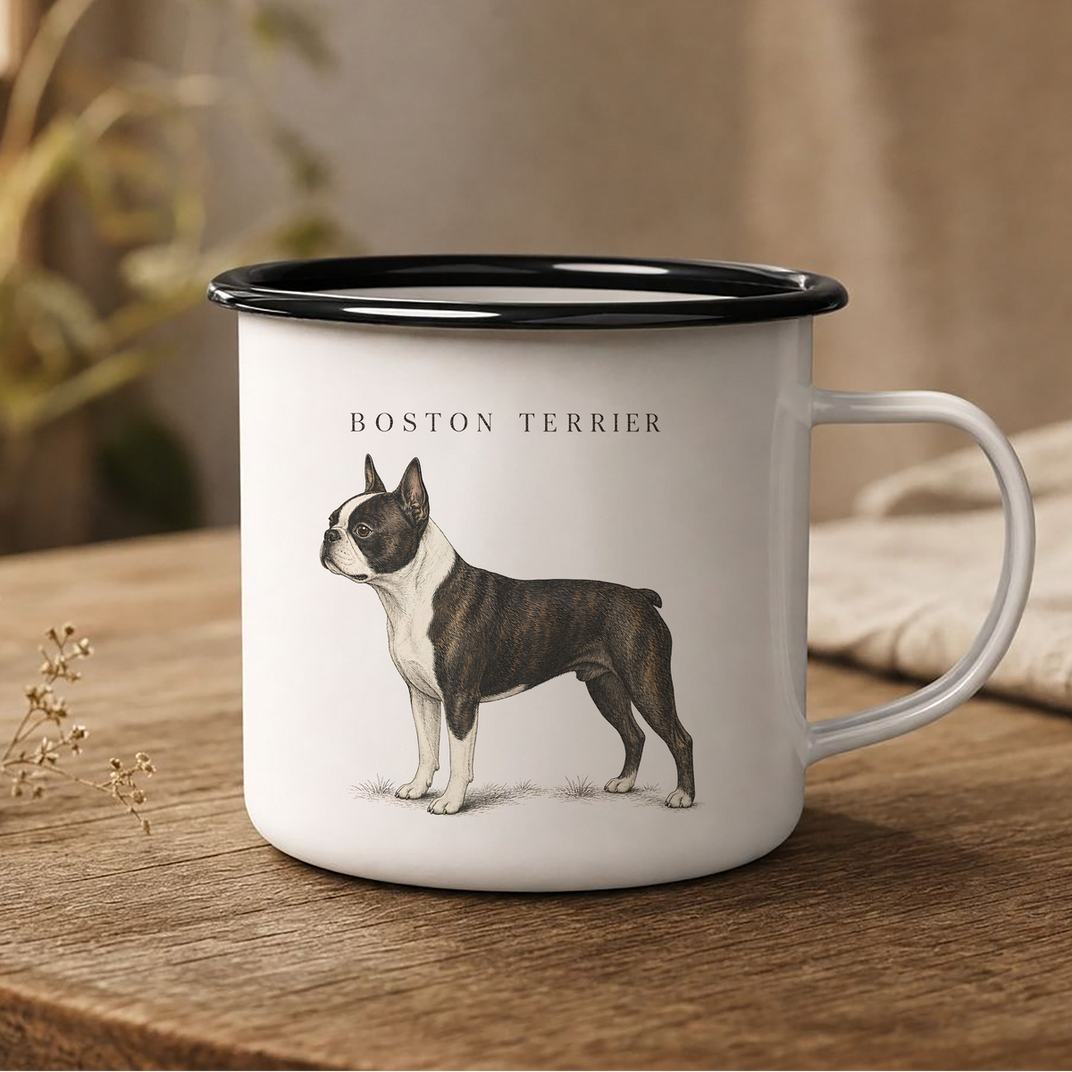 Boston Terrier enamel coffee mug with a full-body Boston Terrier dog and breed name, rustic dog mug for Boston Terrier owners, dog lovers, terrier lovers, country homes and dog-themed gifts.