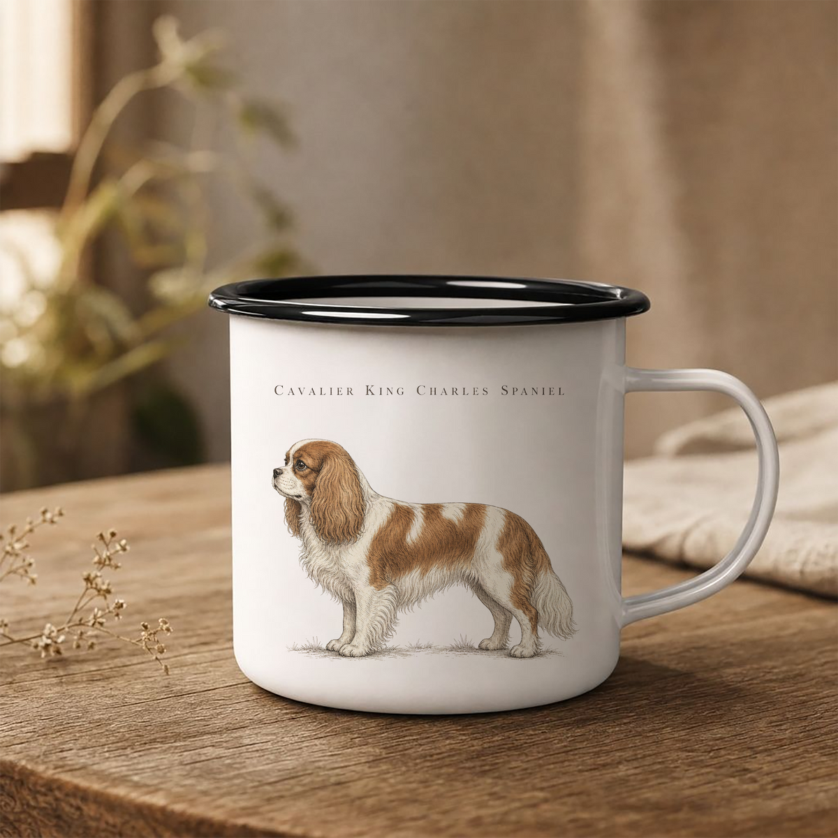Cavalier King Charles Spaniel Enamel Mug, Rustic Dog Coffee Cup, Dog Breed