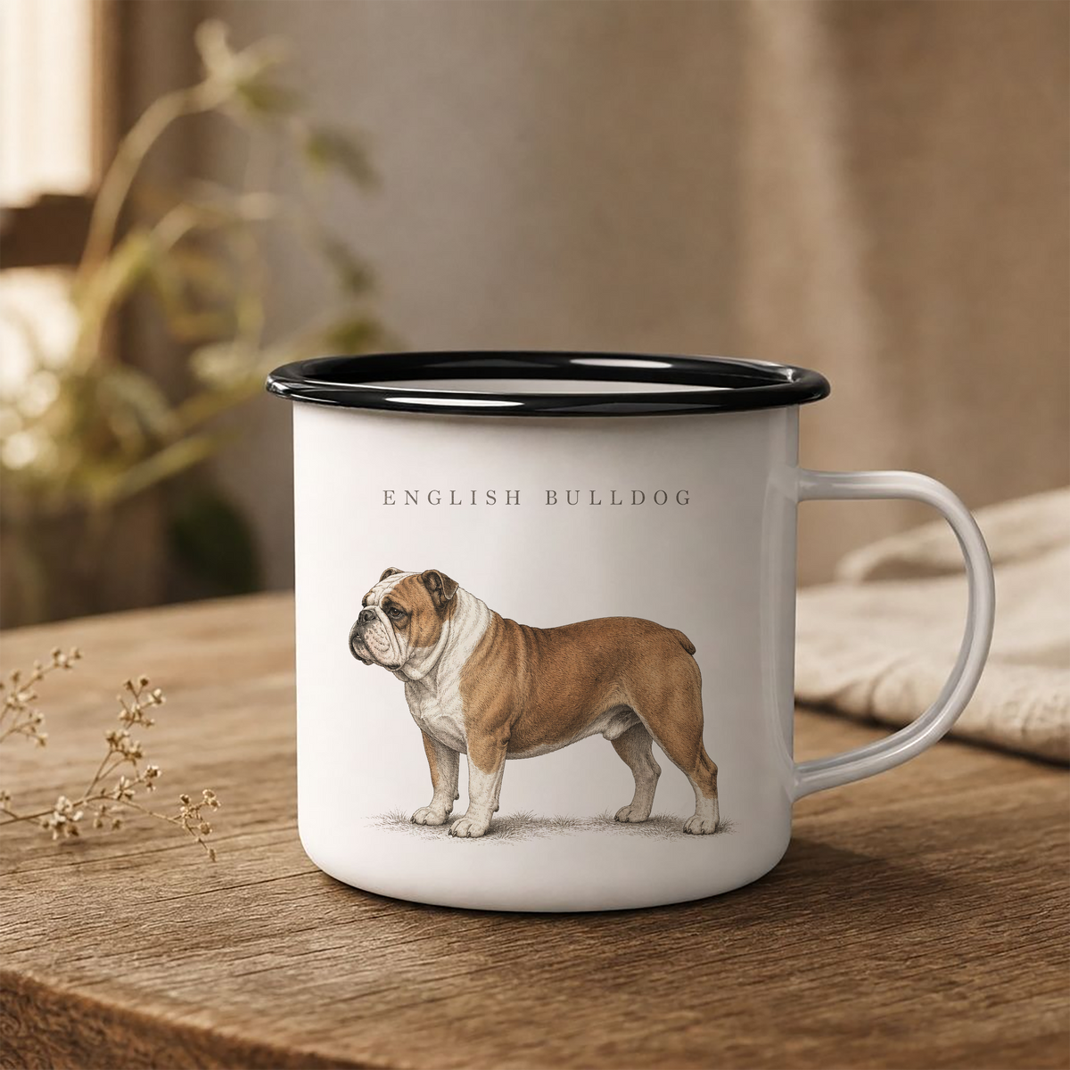 English Bulldog enamel coffee mug with a full-body brown and white Bulldog and breed name, traditional dog breed design for Bulldog owners with rustic country, cottage and farmhouse style.